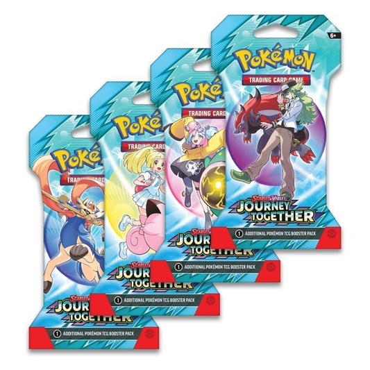Three packs of Pokémon trading cards featuring various characters on a white background.