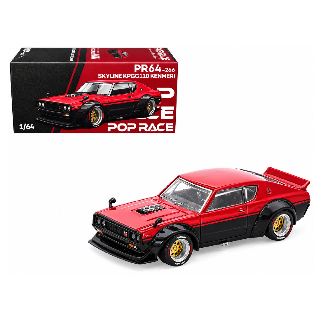 POP Race Nissan Skyline KPGC110 Kenmeri PR64-266 1:64 scale diecast model car in red and black with gold wheels, wide black fender flares, rear spoiler, and original POP RACE packaging.
