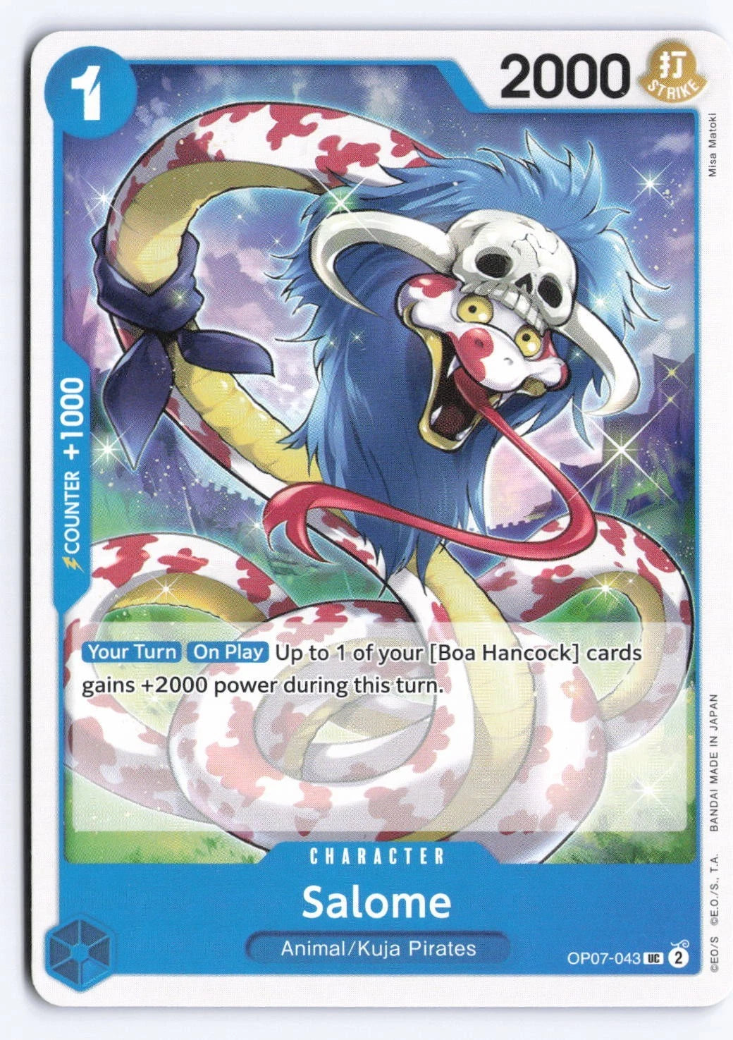 One Piece TCG character card OP07-043 featuring Salome, a large white snake with red spots and blue hair, wearing a horned skull hat and sticking its tongue out against a sparkling background.