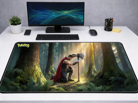 Large 24x12 inch Thor mousepad featuring the hero kneeling with Stormbreaker in a sunlit forest on a clean gaming desk setup.