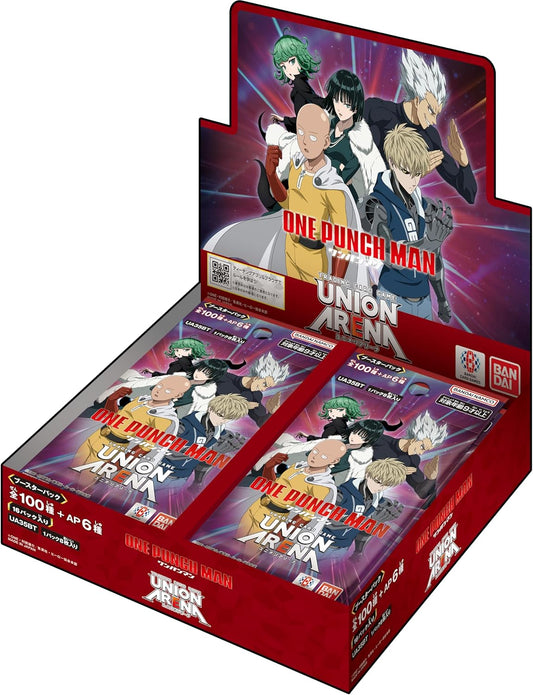 PokeTCG Union Arena One Punch Man UA35BT Japanese booster box display with Saitama and Genos artwork.