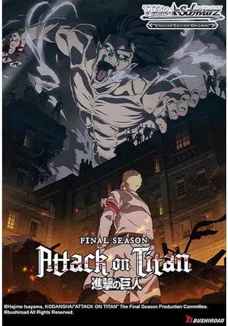 Attack on Titan Final Season Weiss Schwarz card box featuring Eren Titan artwork.