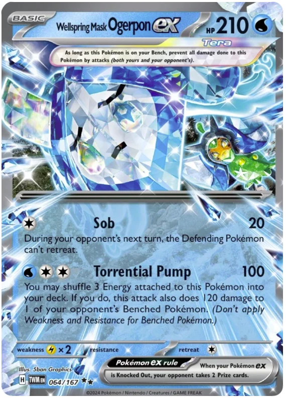 Pokémon TCG Wellspring Mask Ogerpon ex 064/167 Double Rare card from Twilight Masquerade, featuring the masked Water-type Pokémon with a premium prismatic finish.