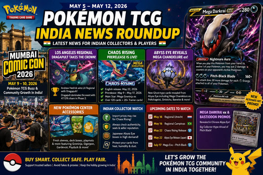 Pokémon TCG India weekly news roundup featuring Chaos Rising, Mega Darkrai ex, Dragapult, and Mumbai Comic Con