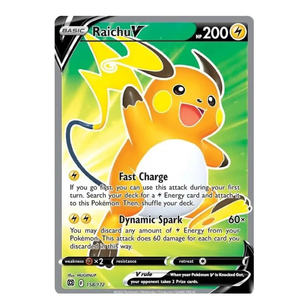 A single Pokémon trading card featuring Raichu from the Basic set, with a green and yellow card face, Raichu illustrated prominently, and game text including Fast Charge and Dynamic Spark.