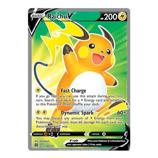 A single Pokémon trading card featuring Raichu from the Basic set, with a green and yellow card face, Raichu illustrated prominently, and game text including Fast Charge and Dynamic Spark.