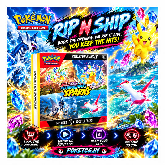 Promotional graphic for a Pokémon Trading Card Game booster bundle titled "Rip n Ship: Surfing Sparks." A large illustrated Pokémon box is centered, surrounded by vivid artwork of legendary Pokémon, crystals, and event graphics.