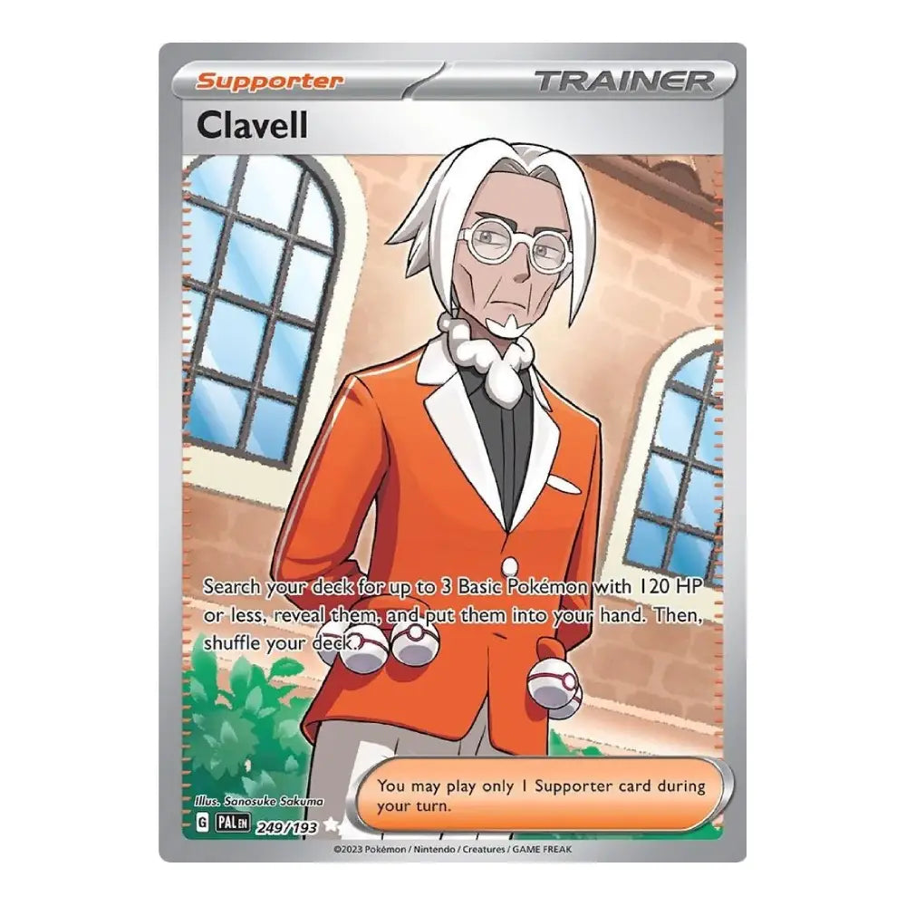 A Pokémon trading card featuring Clavell, a Supporter Trainer. The card has a silver border with character art of Clavell in an orange suit, set against a clean white background.