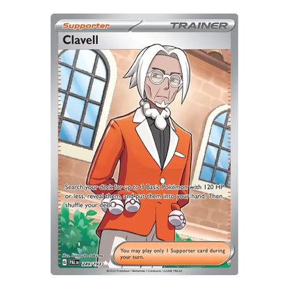 A Pokémon trading card featuring Clavell, a Supporter Trainer. The card has a silver border with character art of Clavell in an orange suit, set against a clean white background.