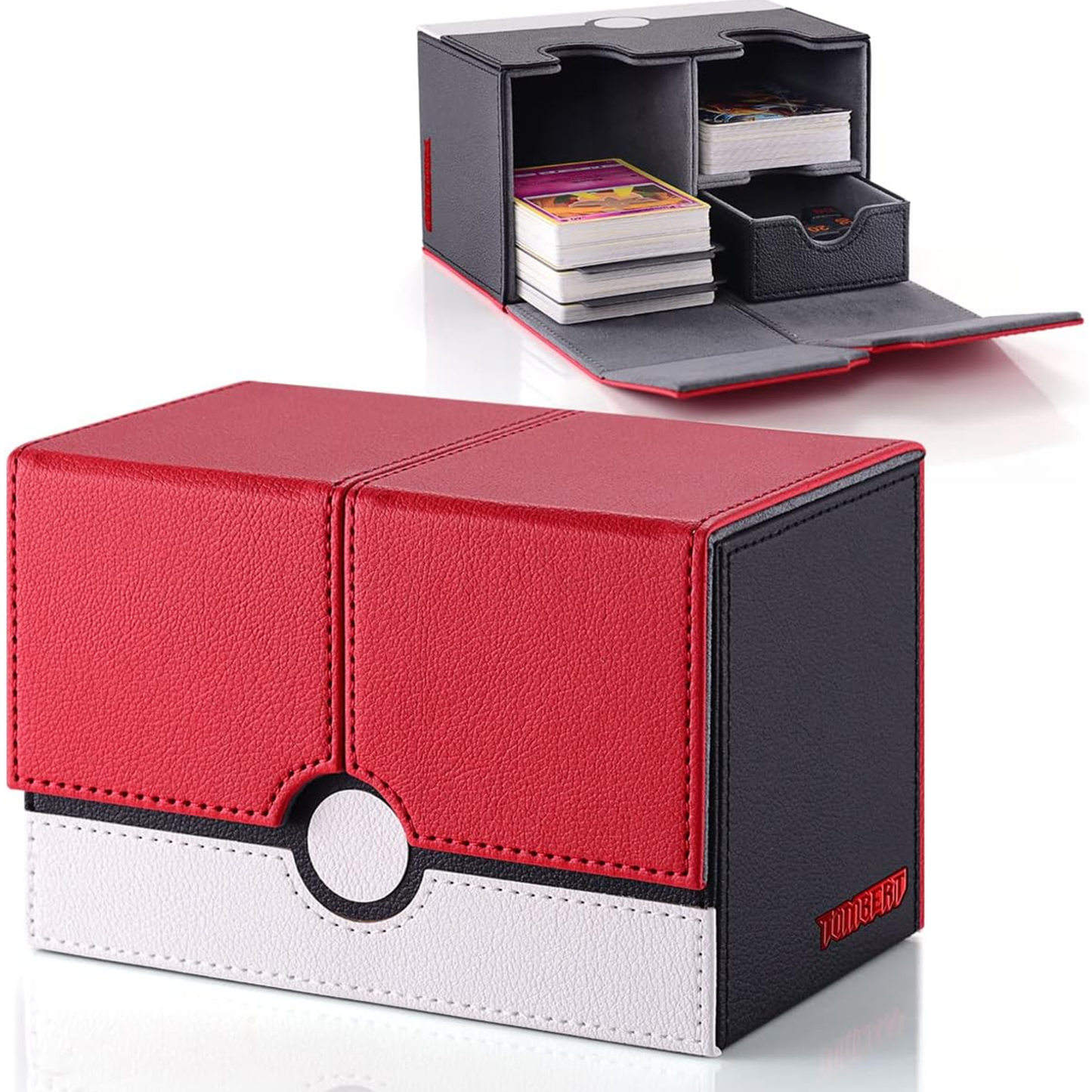 tombert Card Deck Box with 2 Dividers and a Dice Tray for MTG Cards, 380+ Card Storage Box Fits 150 Double Sleeved Cards for TCG CCG (Red &White)