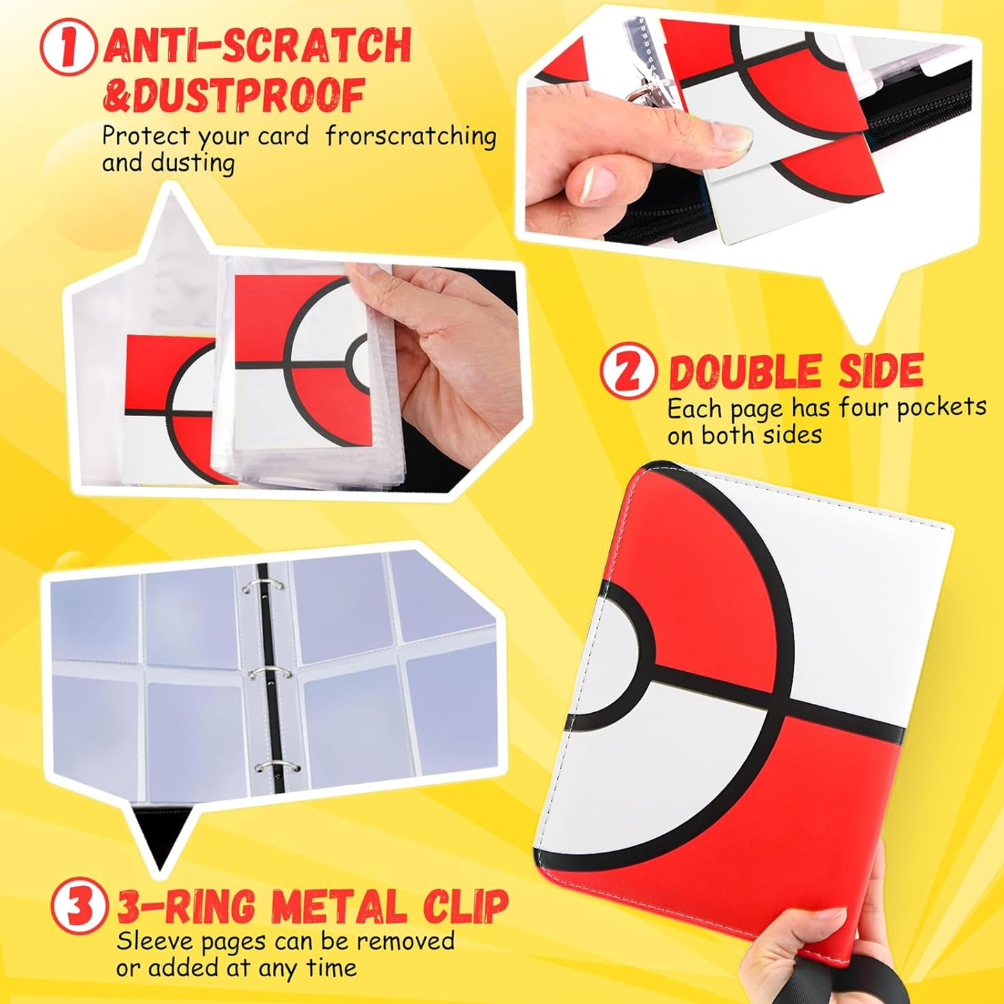 Card Binder 4 Pocket, Trading Card Holder Fits 400 Cards with 50 Removable Sleeves, Large Capacity & Waterproof Zipper Album Holder for Trading Card Collector, Portable Collection Card Album for Cards
