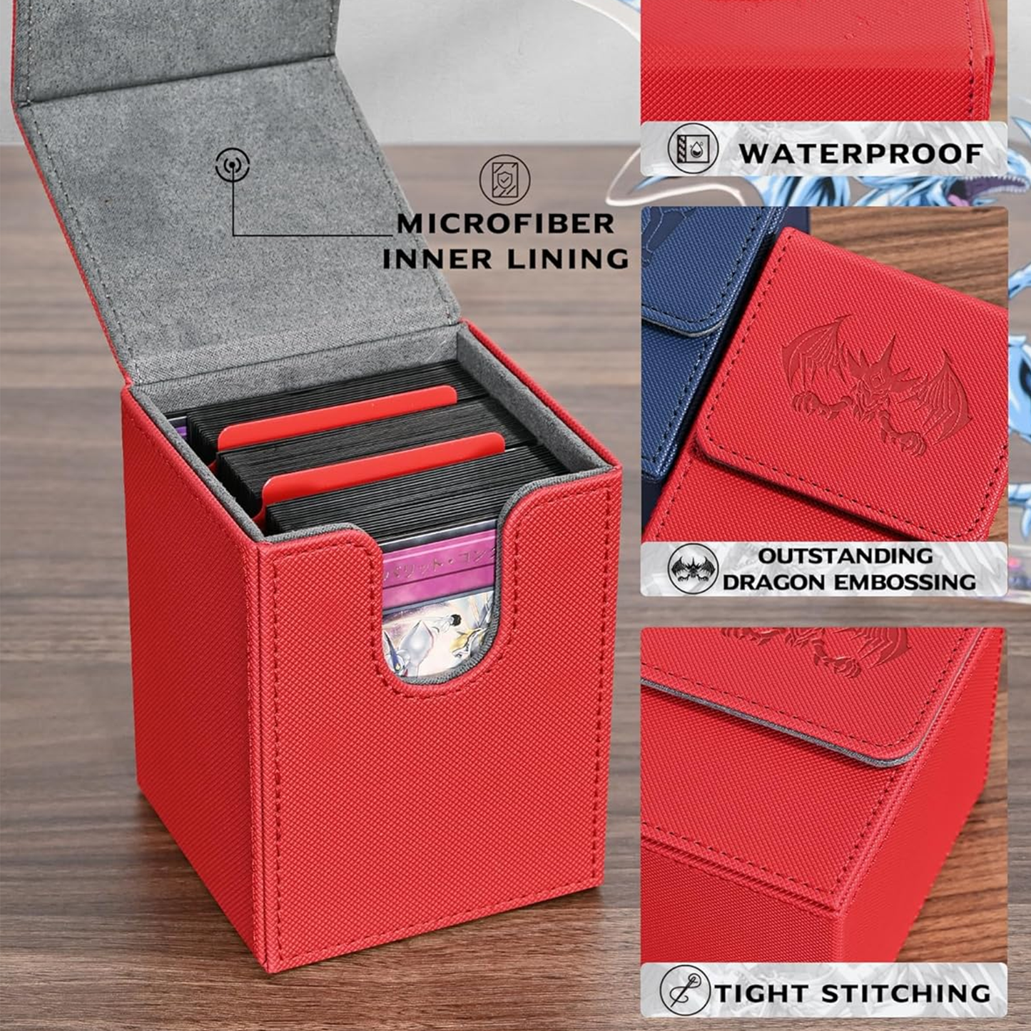 Card Deck Box for Yugioh MTG Cards, 100+ Deck Case with 2 Dividers Fits TCG CCG, PU Leather Card Storage Box Compatible with Collectible Trading Cards (Black & Red, Extinction Dragon)