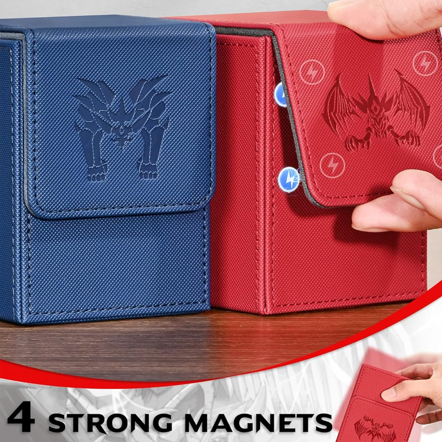 Card Deck Box for Yugioh MTG Cards, 100+ Deck Case with 2 Dividers Fits TCG CCG, PU Leather Card Storage Box Compatible with Collectible Trading Cards (Black & Red, Extinction Dragon)