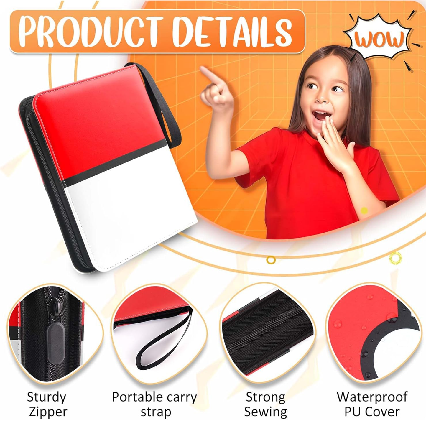 Card Binder 4 Pocket, Trading Card Holder Fits 400 Cards With 50 Removable Sleeves, Portable Collection Card Ablum, Game Card Case book With Zipper for Gift, Red
