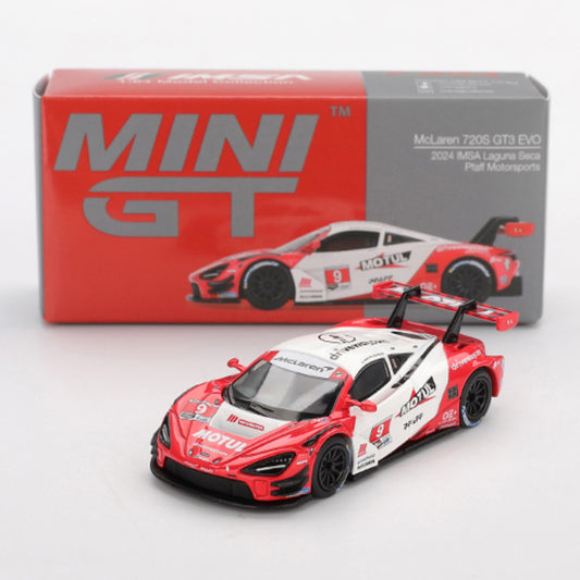 MINI GT McLaren 720S GT3 Evo #9 Pfaff Motorsports 2024 IMSA Laguna Seca – 1:64 Diecast Model Car