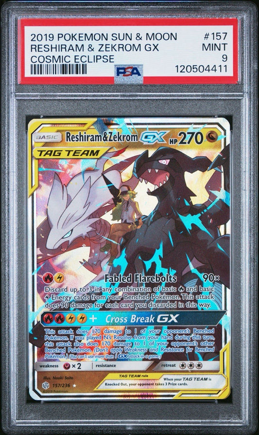 2019 Pokémon Sun & Moon Reshiram & Zekrom GX Cosmic Eclipse PSA 9 #157 Mint  (English Version)