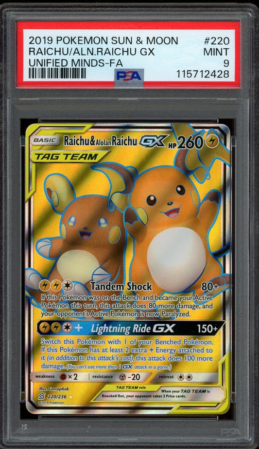 Pokemon PSA 9 Raichu & Alolan Raichu GX 220/236 Unified Minds Full Art Rare Mint  (English Version)