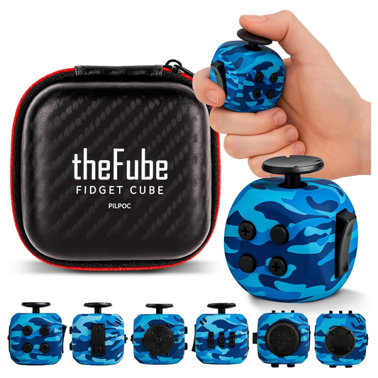 PILPOC theFube 6-Sided Fidget Cube – Stress Relief Infinity Toy for Kids & Adults, Boosts Focus, Silent & Audible Modes with Carry Case (Navy Shadow)