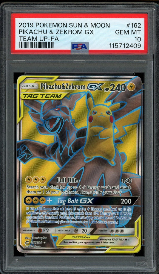 Pokemon PSA 10 Pikachu & Zekrom GX 162/181 Sun & Moon Team Up Full Art Rare Mint  (English Version)