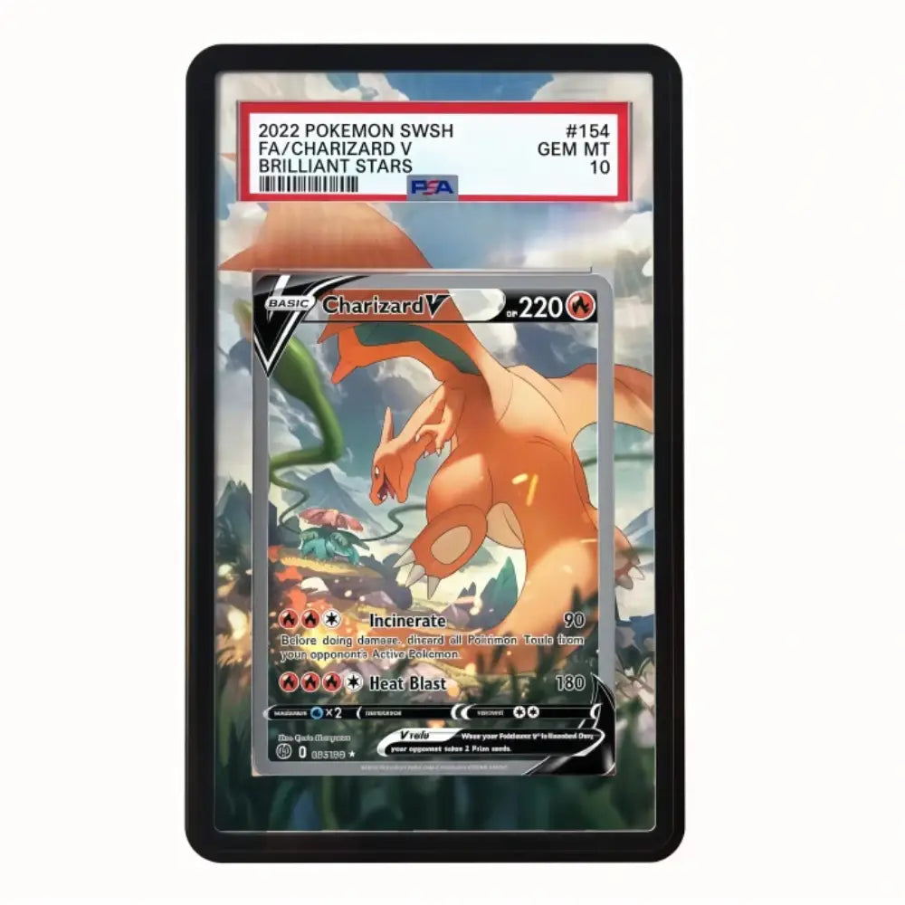 Pokémon trading card featuring Charizard V in a display case