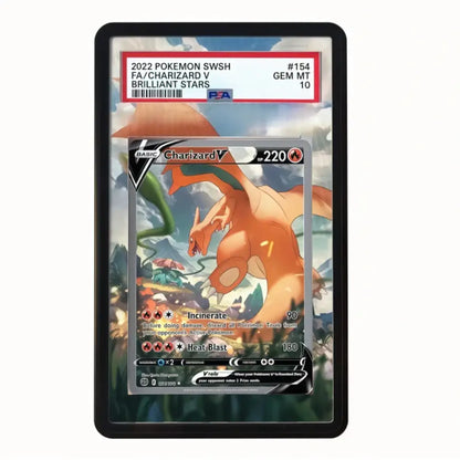 Pokémon trading card featuring Charizard V in a display case