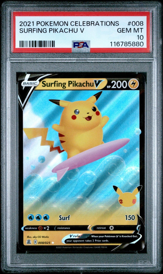 **PSA 10!* ~ SURFING PIKACHU V #008 ~ Pokemon TCG: CELEBRATIONS 25TH ANNIVERSARY  (English Version)