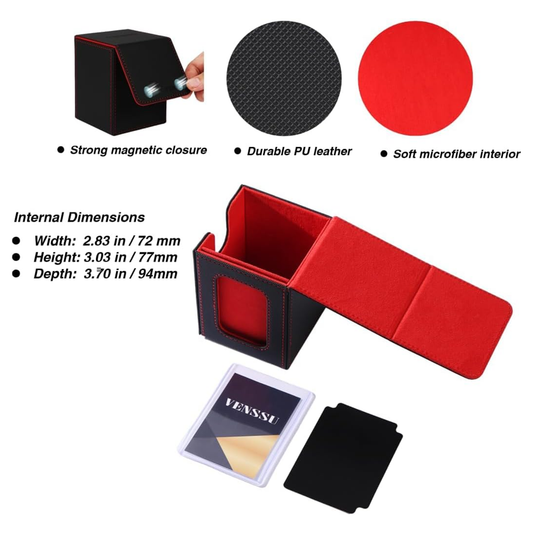 Venssu MTG Deck Box for Commander Display,Card Deck Box Fits 100 Double Sleeved Cards, TCG Card Storage with 2 Dividers and 1 Toploader (Black＆Red)