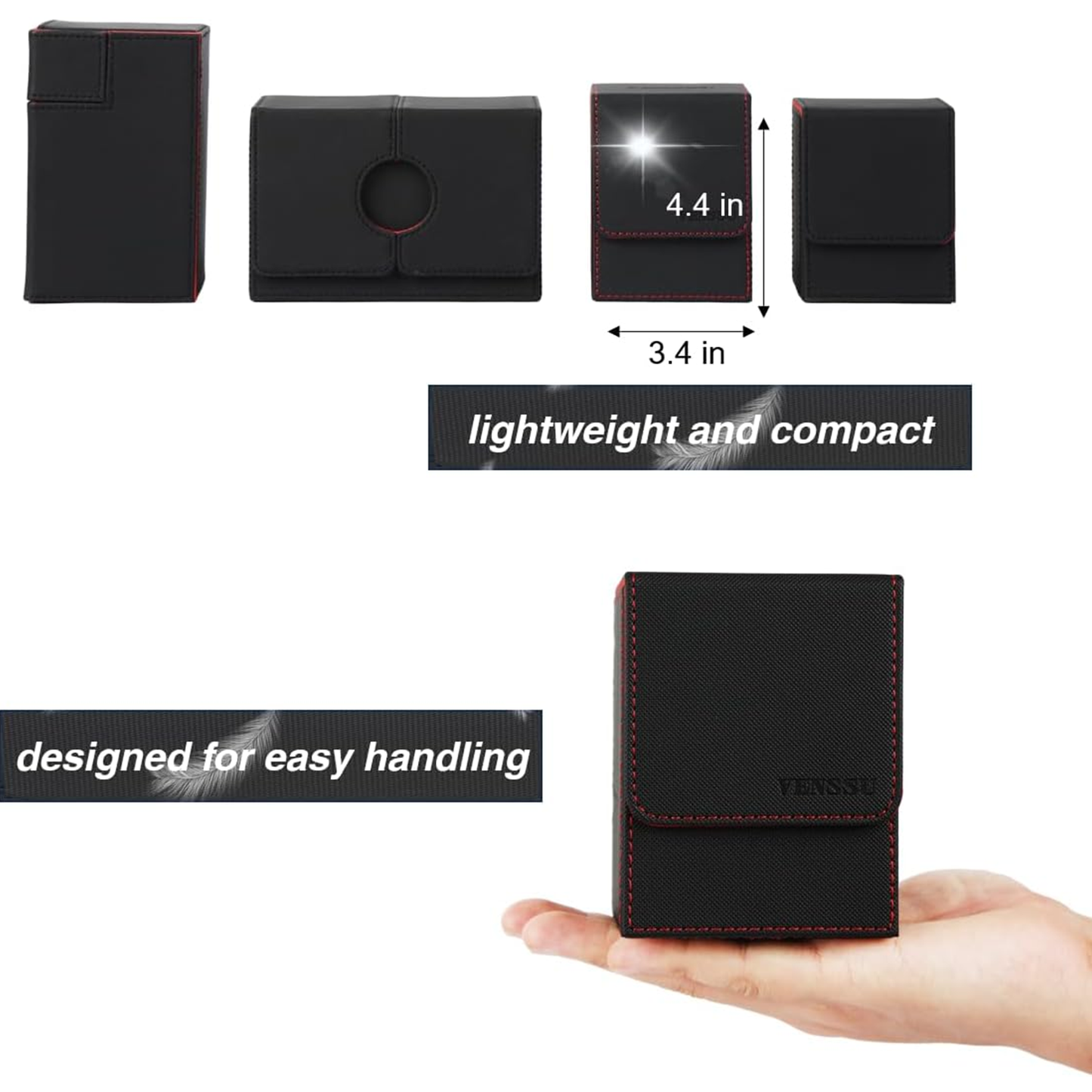 Venssu MTG Deck Box for Commander Display,Card Deck Box Fits 100 Double Sleeved Cards, TCG Card Storage with 2 Dividers and 1 Toploader (Black＆Red)