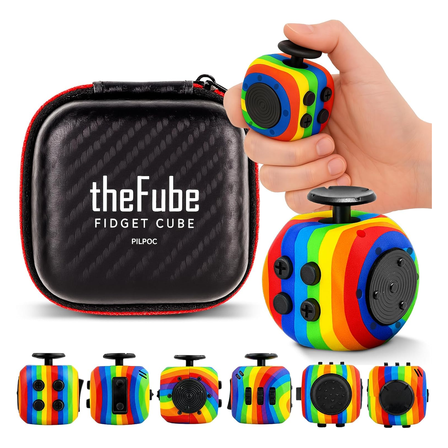 PILPOC theFube 6-Sided Fidget Cube – Stress Relief & Focus Toy for Kids & Adults, Boosts Concentration, Silent & Audible Modes with Carry Case (Rainbow)