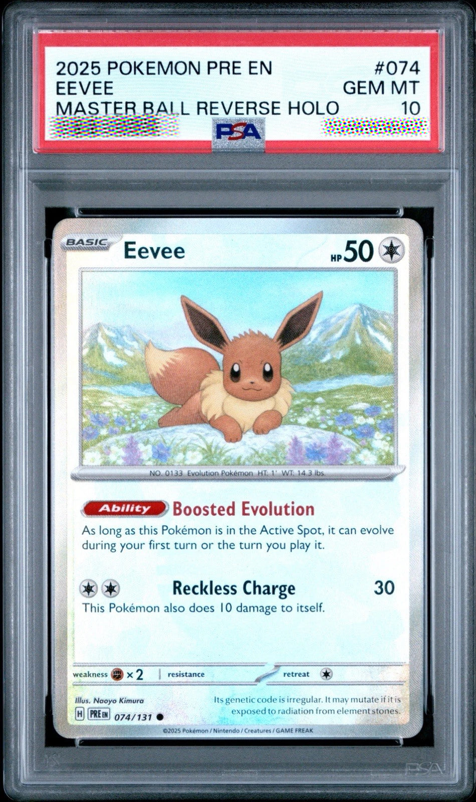 2025 PSA 10 Eevee #074 Master Ball Reverse Holo English Pokémon Card