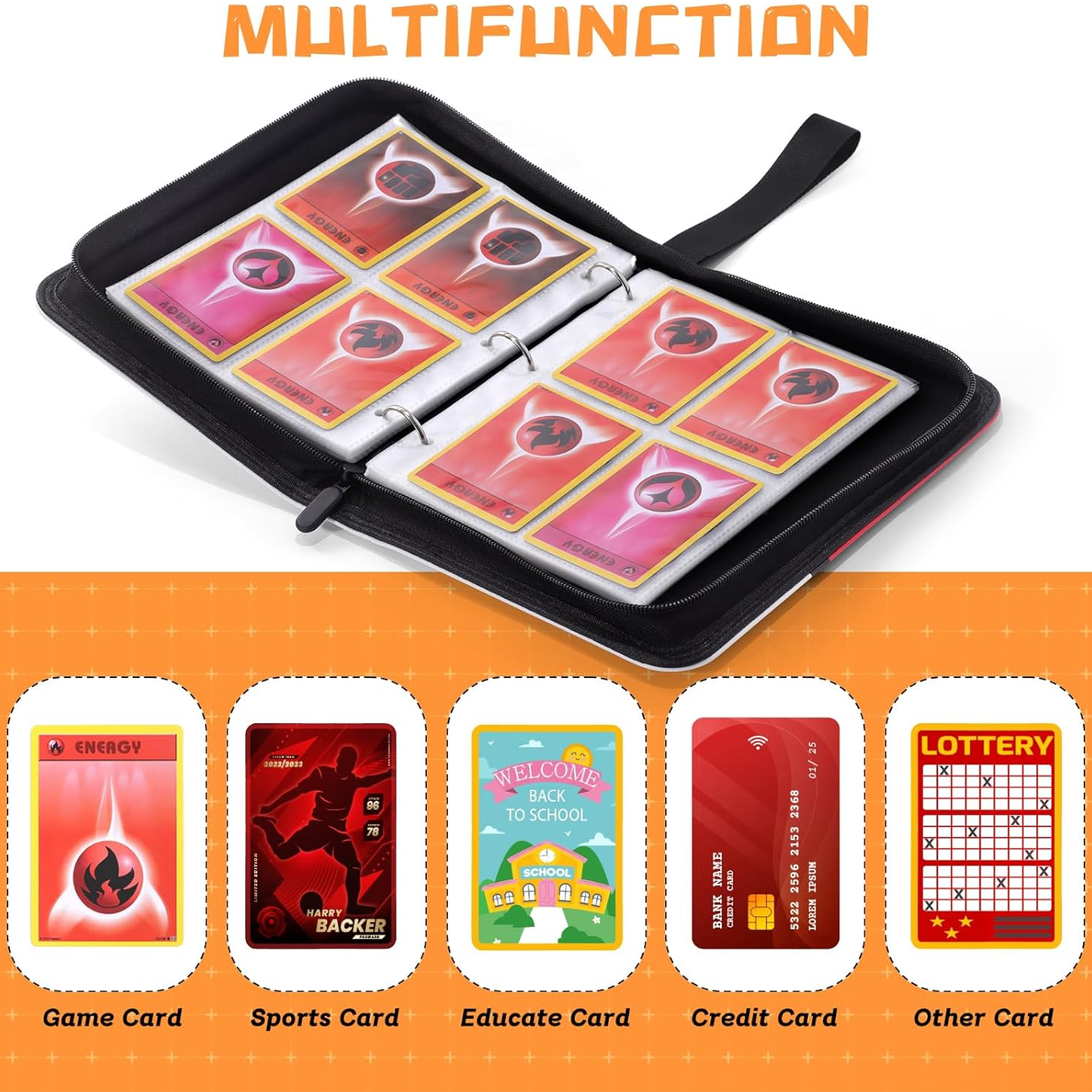 Card Binder 4-Pocket, Trading Card Collector with 50 Removable Sleeves, 400 Cards Pocket Portable Album Holder Book(Red)
