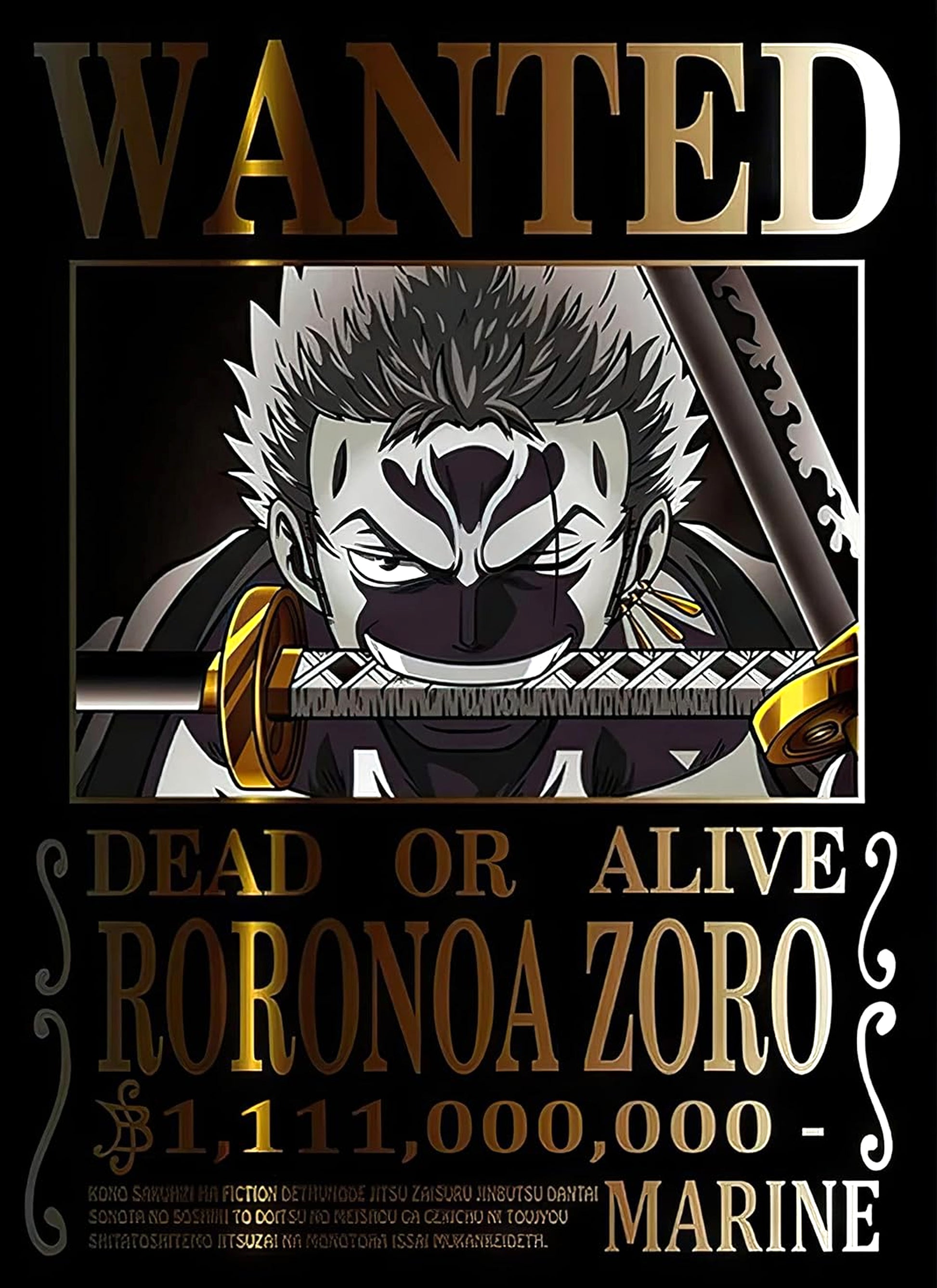 One Piece Roronoa Zoro Wanted Poster Black Gold Edition Dead or Alive Anime Bounty Wall Art Luxury Zoro Poster - PokeTCG