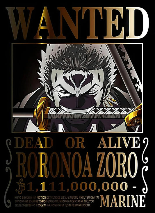 One Piece Roronoa Zoro Wanted Poster Black Gold Edition Dead or Alive Anime Bounty Wall Art Luxury Zoro Poster - PokeTCG