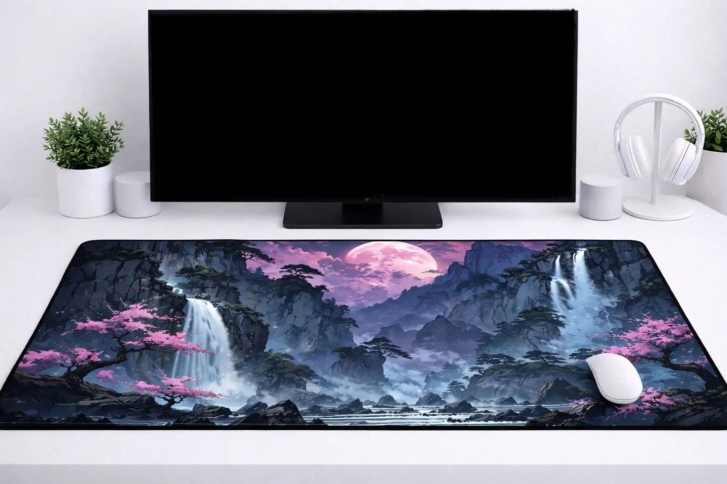 Aesthetic "Sakura Falls" XXL Gaming Mousepad – 24" x 12" Lo-Fi Waterfall Desk Mat - Poketcg.in