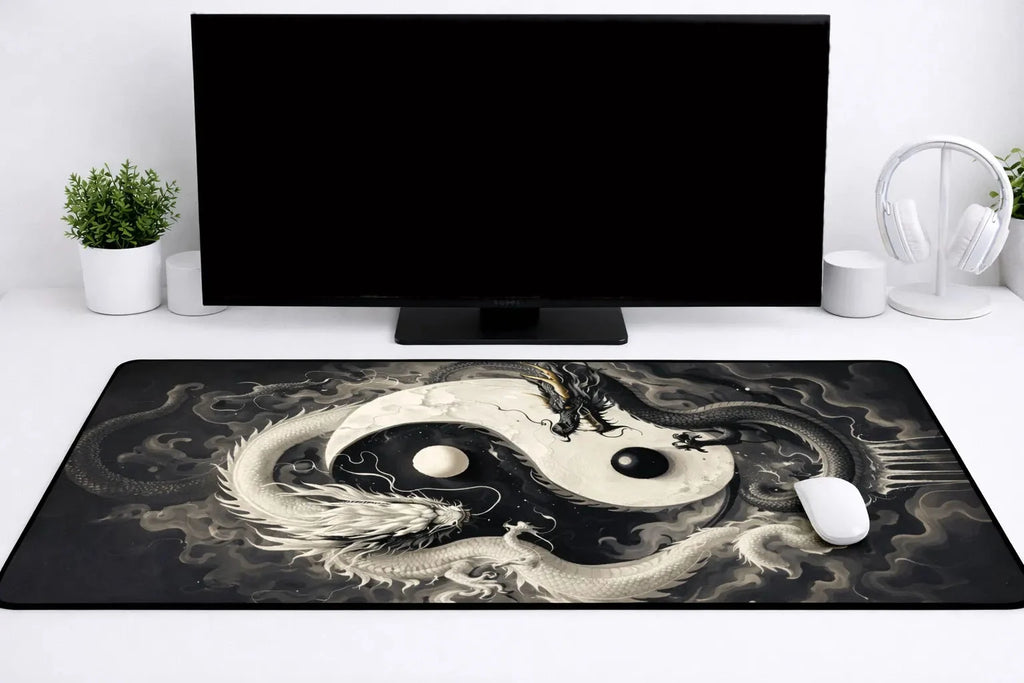 Aesthetic "Twin Dragons" Yin Yang XXL Gaming Mousepad – 24" x 12" Celestial Balance Desk Mat - Poketcg.in