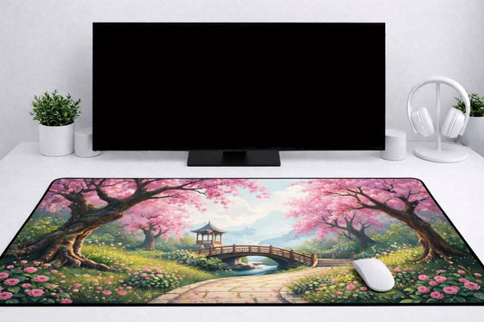 Aesthetic "Sakura Garden Path" XXL Gaming Mousepad – 24" x 12" Zen Landscape Desk Mat - Poketcg.in