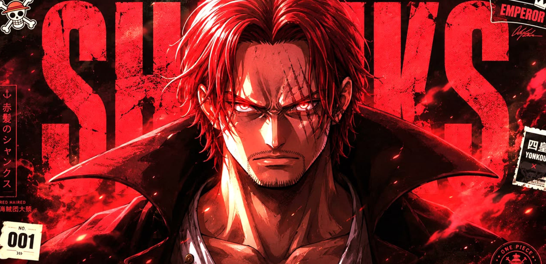 A stylized anime poster or cover art featuring a red-haired male character in a dark coat against a fiery red background with large distressed text and Japanese text elements.