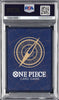 PSA graded One Piece Card Game card deck inside a clear plastic PSA holder, featuring a dark blue card back with a gold compass design and white text.