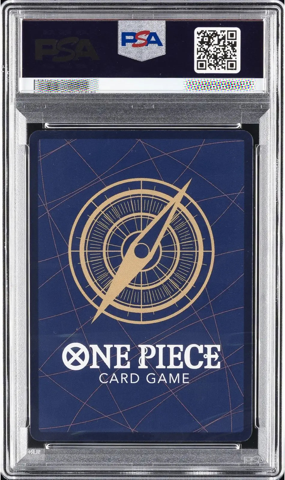 PSA graded One Piece Card Game card deck inside a clear plastic PSA holder, featuring a dark blue card back with a gold compass design and white text.