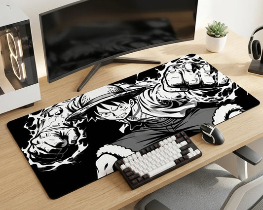 Luffy Black White Action Mousepad Anime Desk Mat XL One Piece Manga Style Gaming Mouse Pad Monochrome - PokeTCG