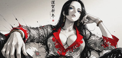 Anime-style artwork of a woman with long black hair, blue eyes, and red-and-black clothing, posed against a light background with Chinese characters and ink-like splashes.