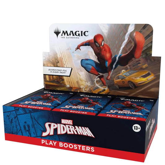 A Magic: The Gathering Marvel Spider-Man play booster display box with several individual booster packs inside. The packaging features Spider-Man artwork and the Magic logo, with text at the top stating orders will ship by the 2nd week of August.