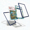 Card with blue and yellow design in a protective case on a white background