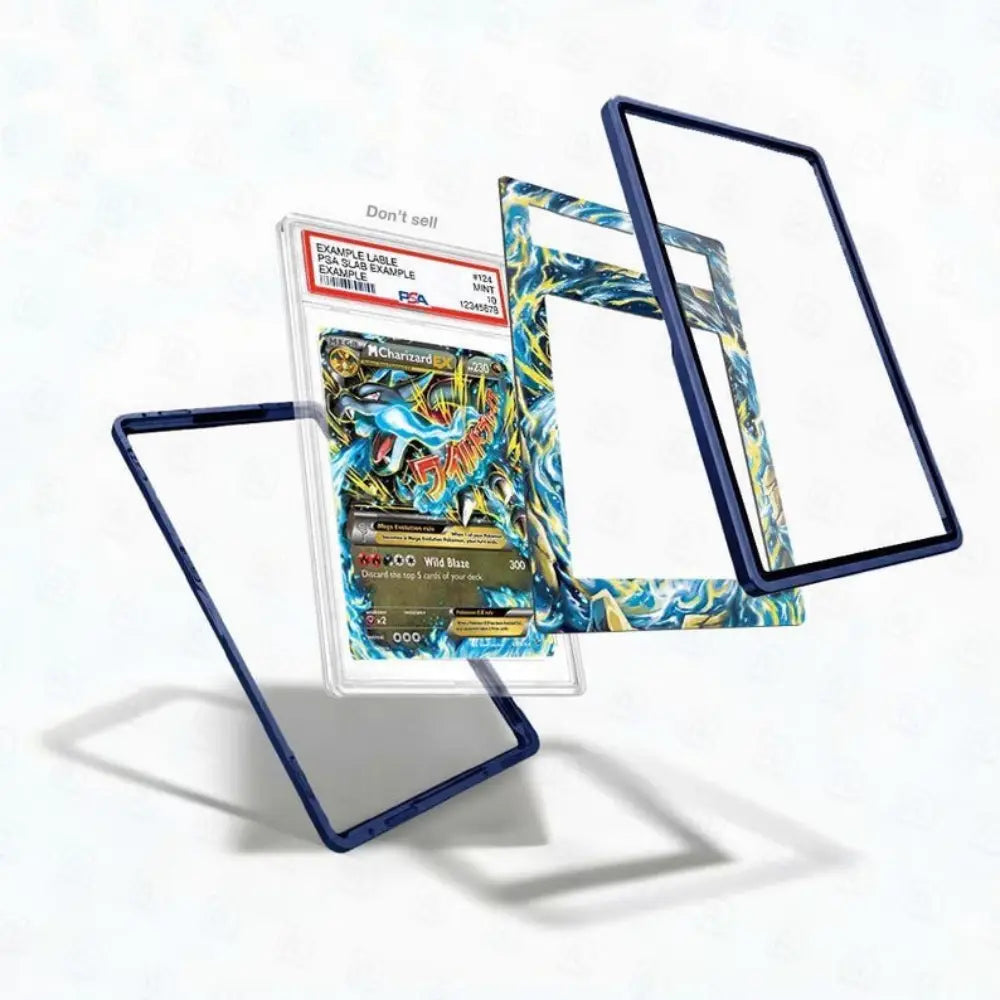 Card with blue and yellow design in a protective case on a white background
