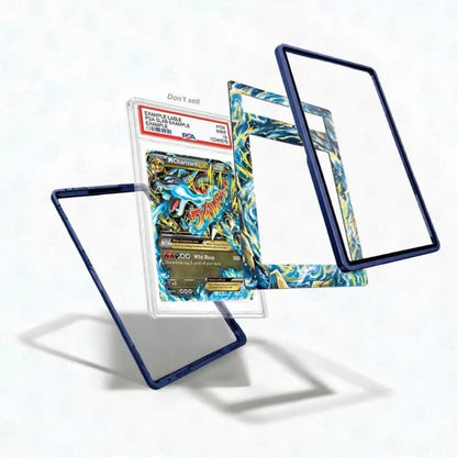 Card with blue and yellow design in a protective case on a white background