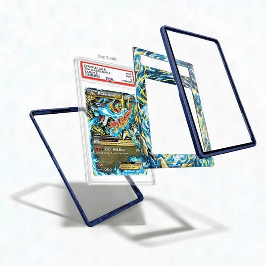 Card with blue and yellow design in a protective case on a white background