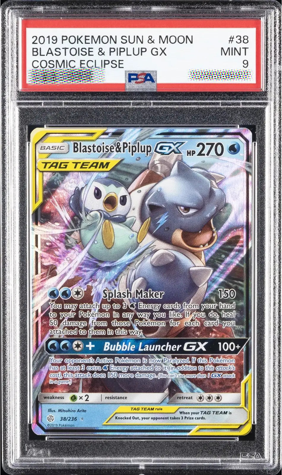 Pokémon trading card featuring Blastoise & Piplup GX with PSA grading information.