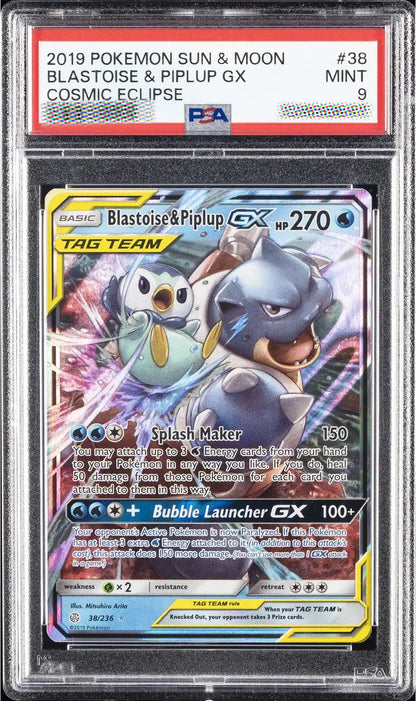Pokémon trading card featuring Blastoise & Piplup GX with PSA grading information.