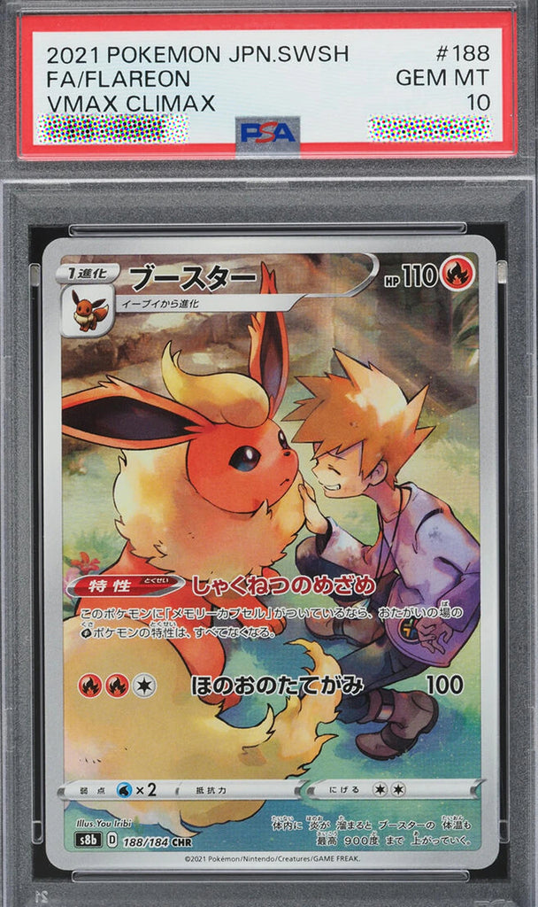 Pokémon trading card featuring Flareon and a child, with a PSA grading label on top.