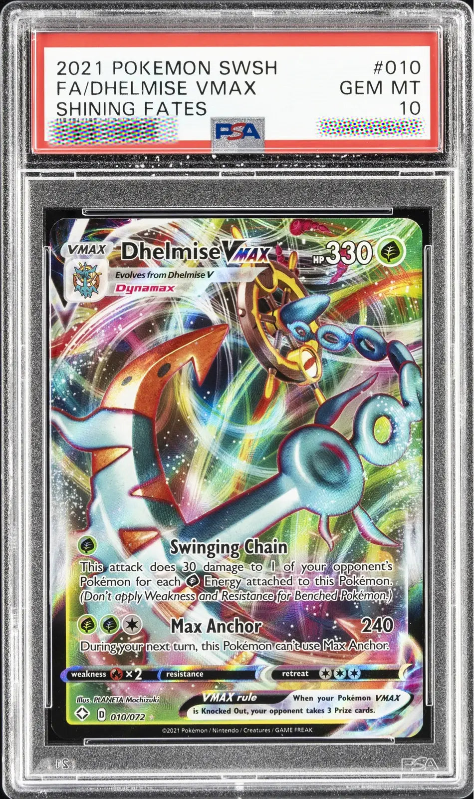 Pokémon trading card featuring Dhelmise VMAX in a protective case with PSA grading label.